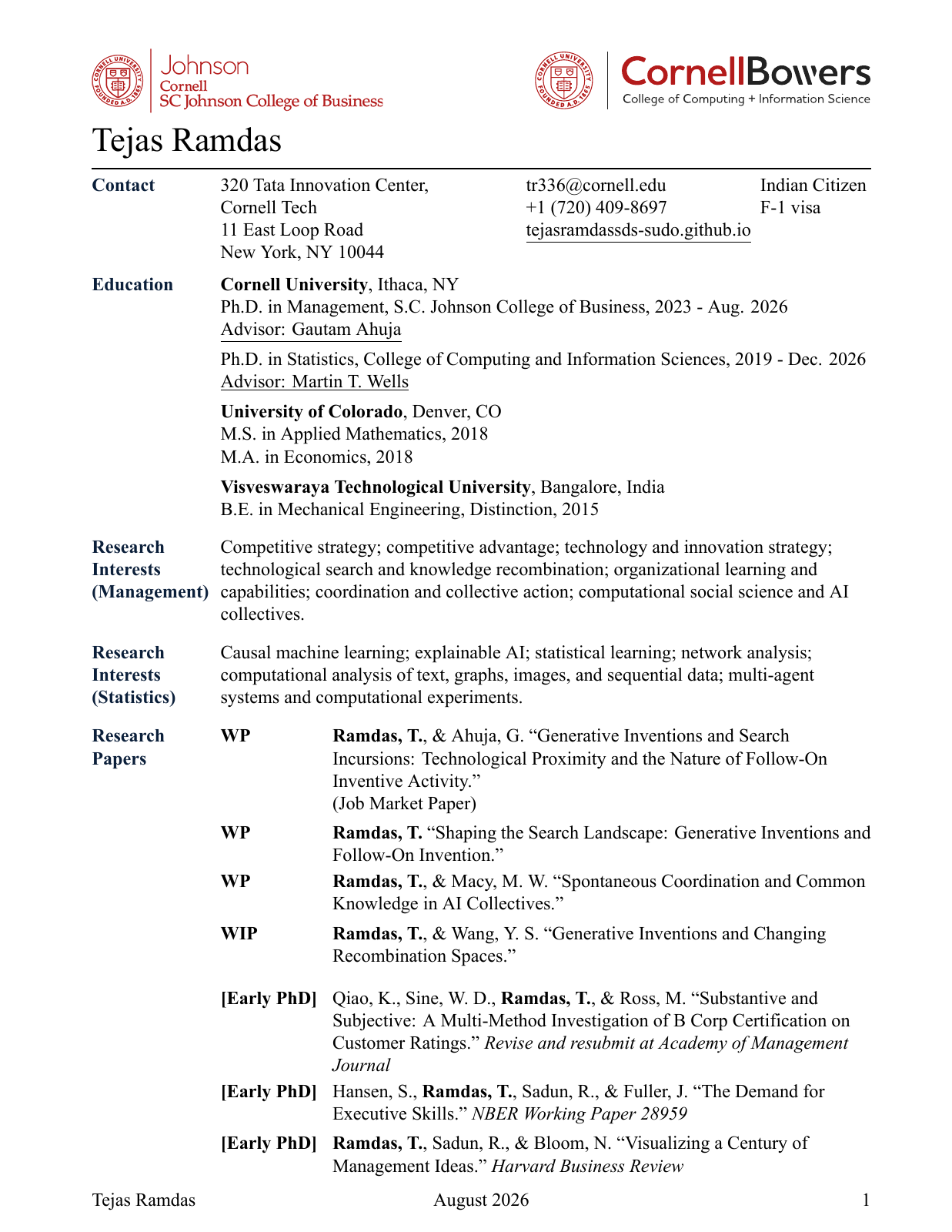 Original CV page 1: Education, research interests, and management research papers.