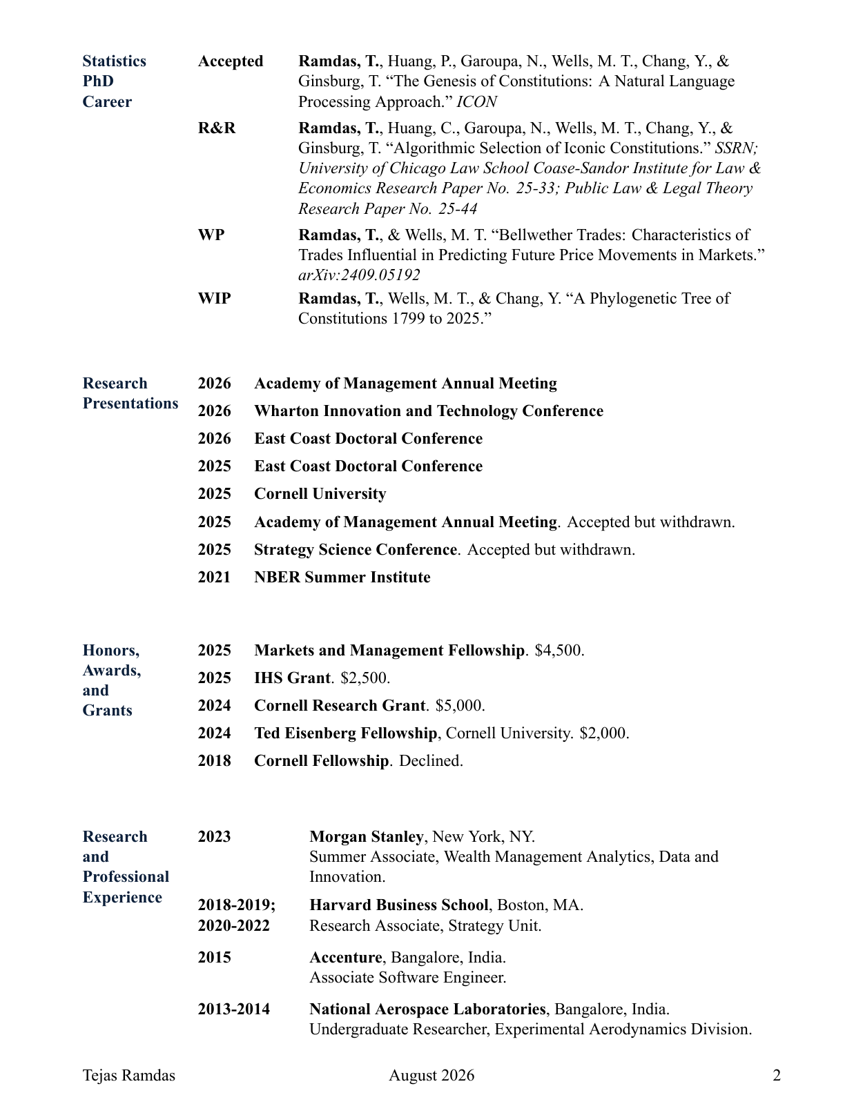 Original CV page 2: Statistics research, presentations, awards, and professional experience.