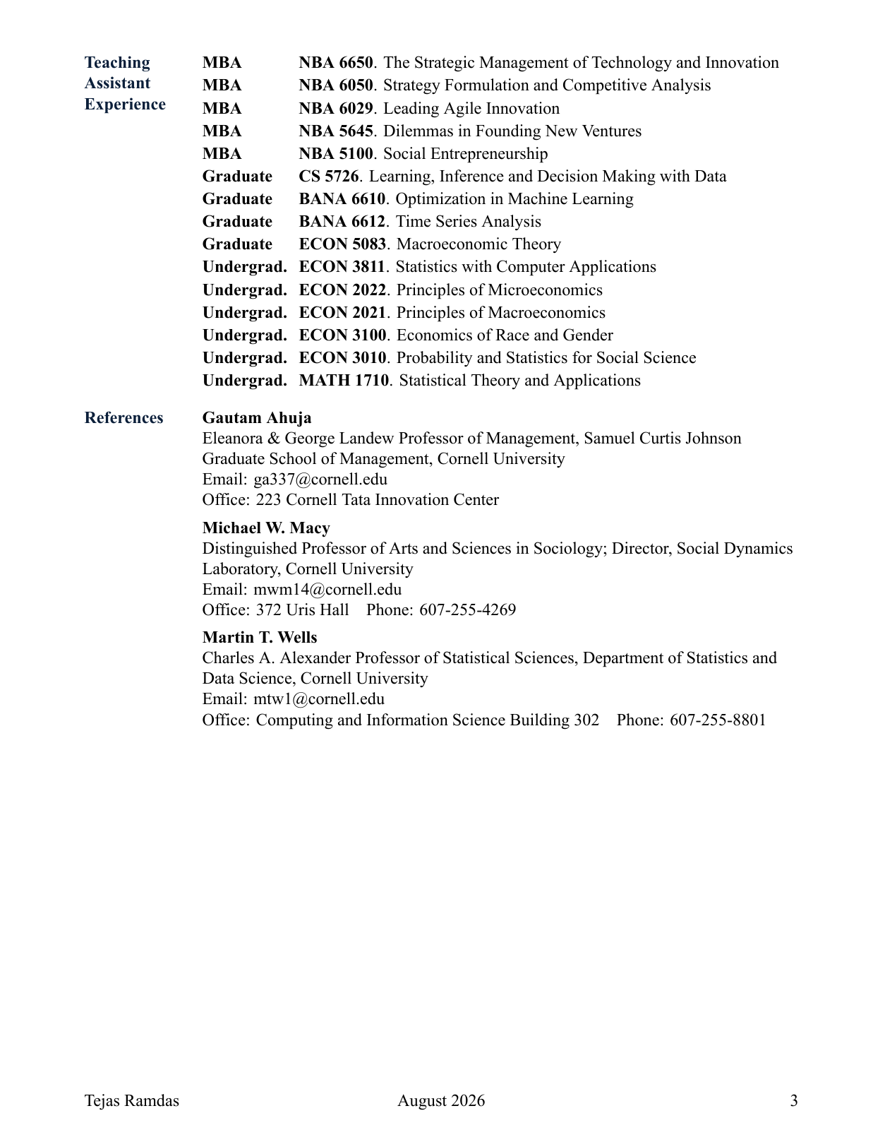 Original CV page 3: Teaching assistant experience and references.